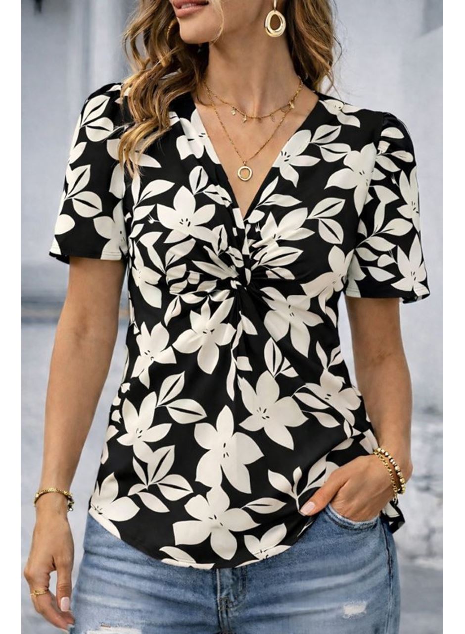Kadın Kısa Kollu V Sarmal Yakalı çiçek Desenli Süprem Bluz