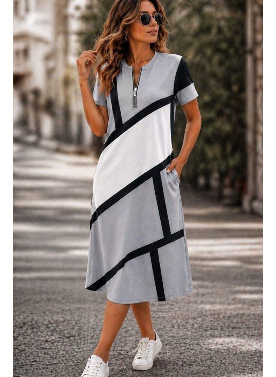 Kadın Kısa Kollu Yakadan Fermuarlı Desenli Kısa Süprem Elbise