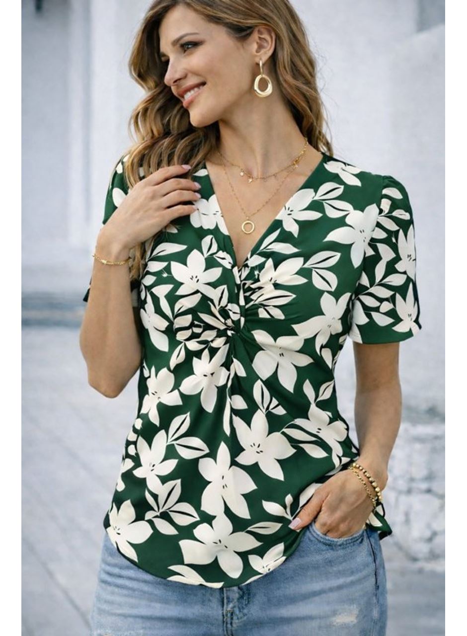Kadın Kısa Kollu V Sarmal Yakalı çiçek Desenli Süprem Bluz