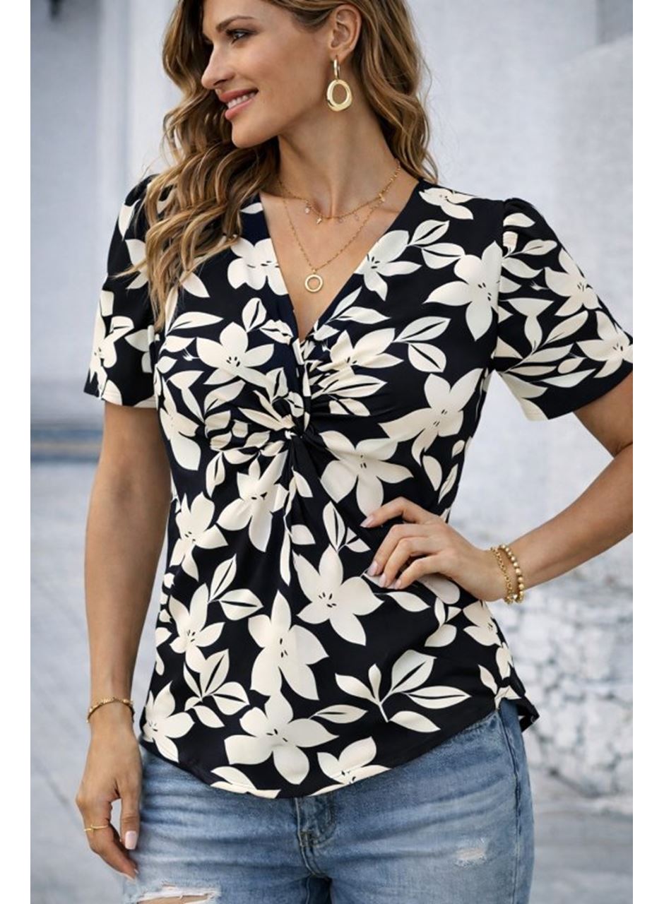 Kadın Kısa Kollu V Sarmal Yakalı çiçek Desenli Süprem Bluz