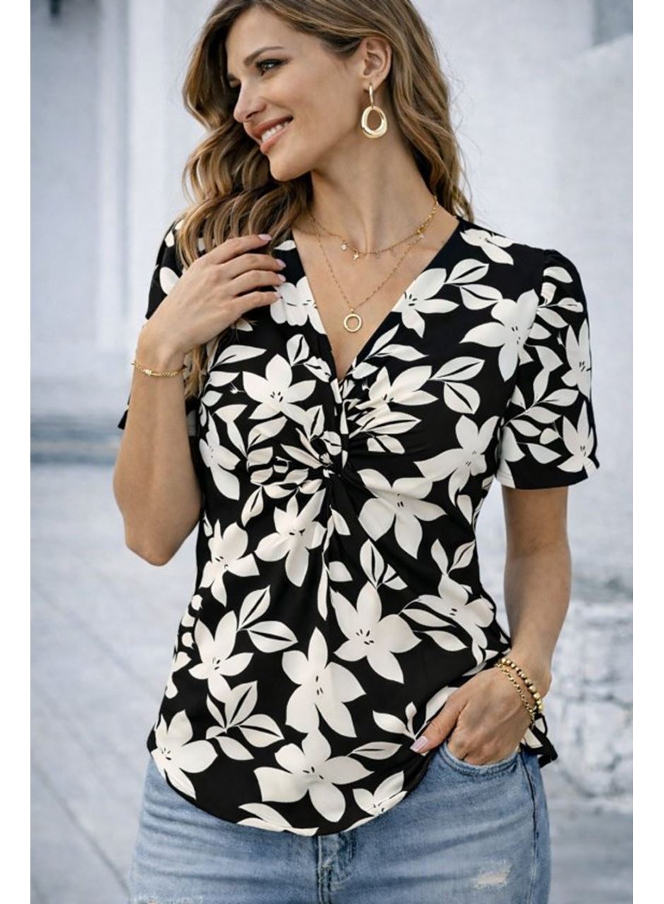Kadın Kısa Kollu V Sarmal Yakalı çiçek Desenli Süprem Bluz