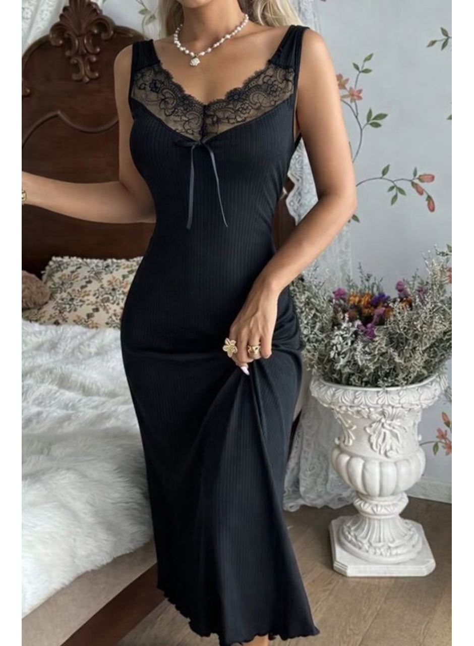 Kadın Askılı Dantel Yakalı Uzun Kalın Fitilli Kaşkorse Gecelik