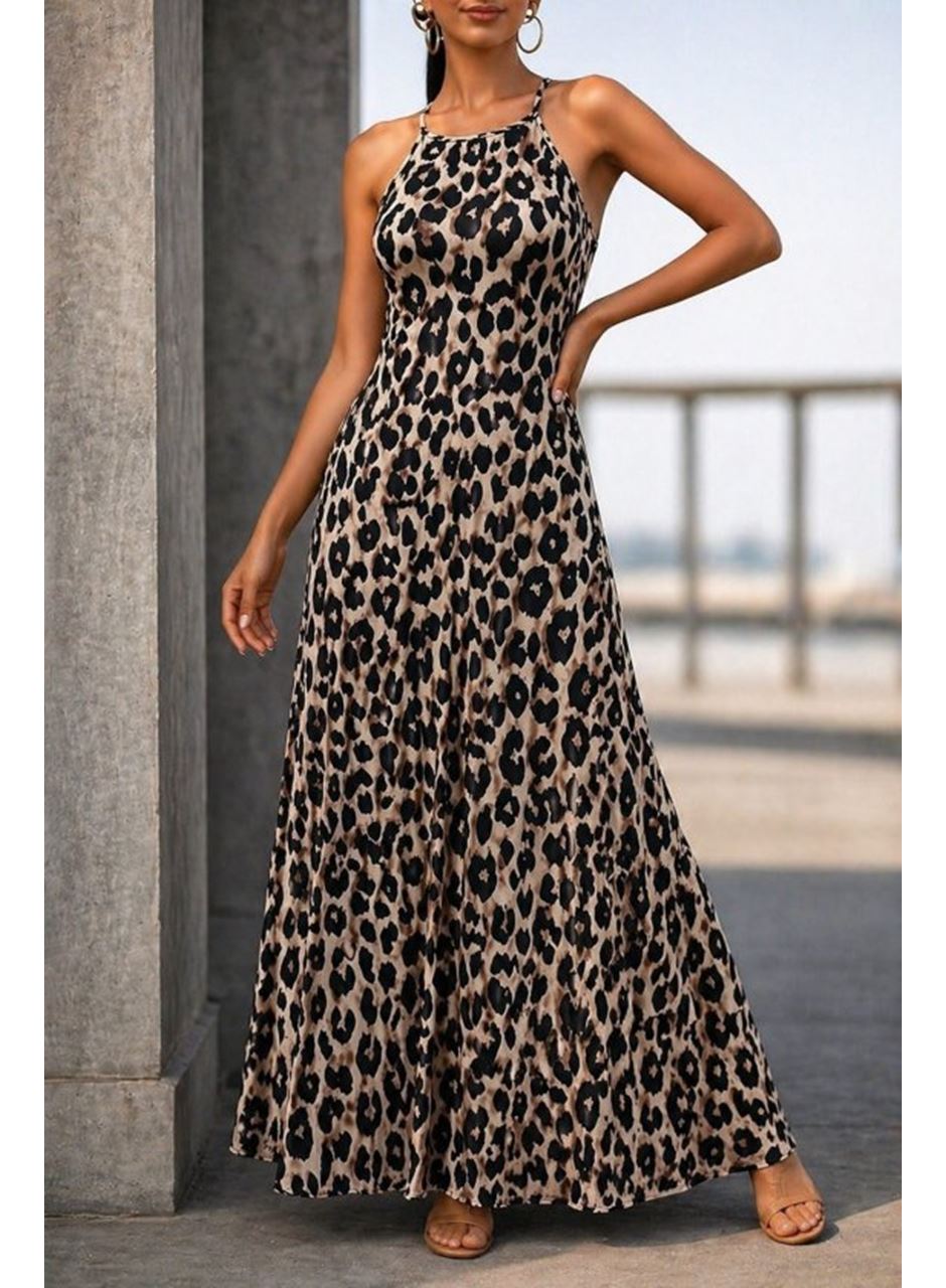 Kadın Omuzlardan Açık Ip Askılı Desenli Uzun Süprem Elbise