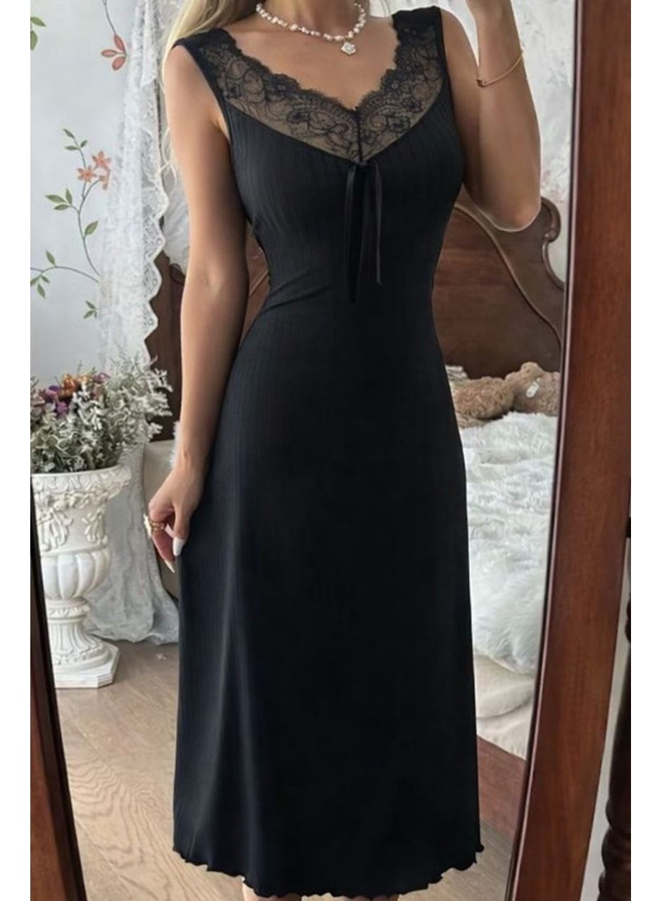 Kadın Askılı Dantel Yakalı Uzun Kalın Fitilli Kaşkorse Gecelik