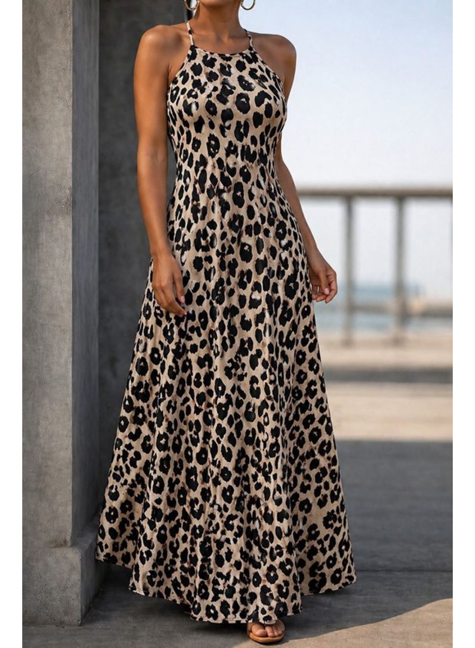 Kadın Omuzlardan Açık Ip Askılı Desenli Uzun Süprem Elbise