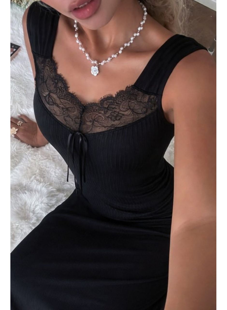 Kadın Askılı Dantel Yakalı Uzun Kalın Fitilli Kaşkorse Gecelik