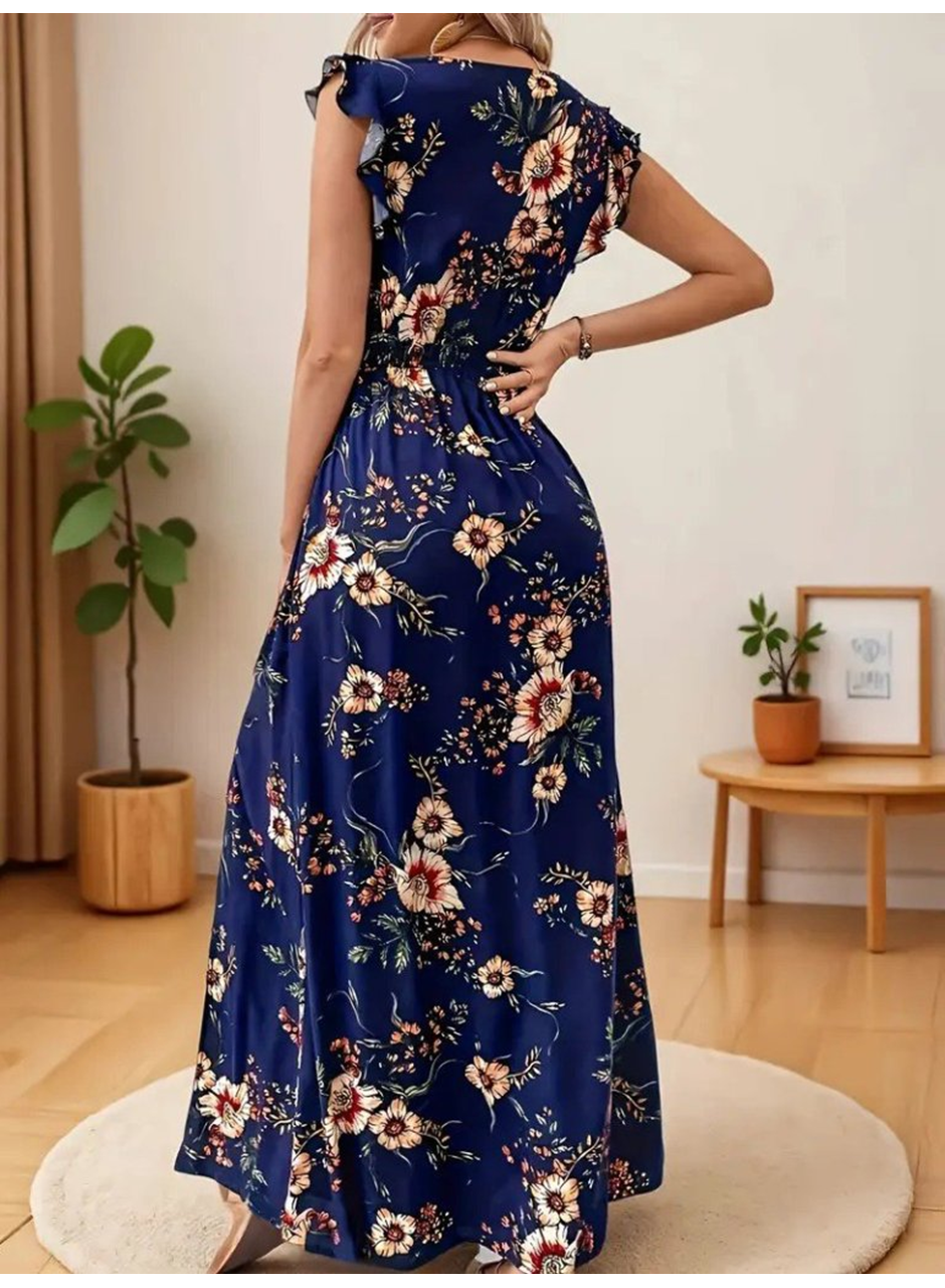 Kadın Kısa Kollu V Yakalı Yırtmaçlı çiçek Desenli Süprem Elbise