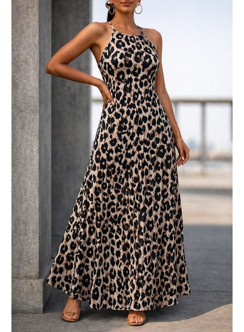 Kadın Omuzlardan Açık Ip Askılı Desenli Uzun Süprem Elbise