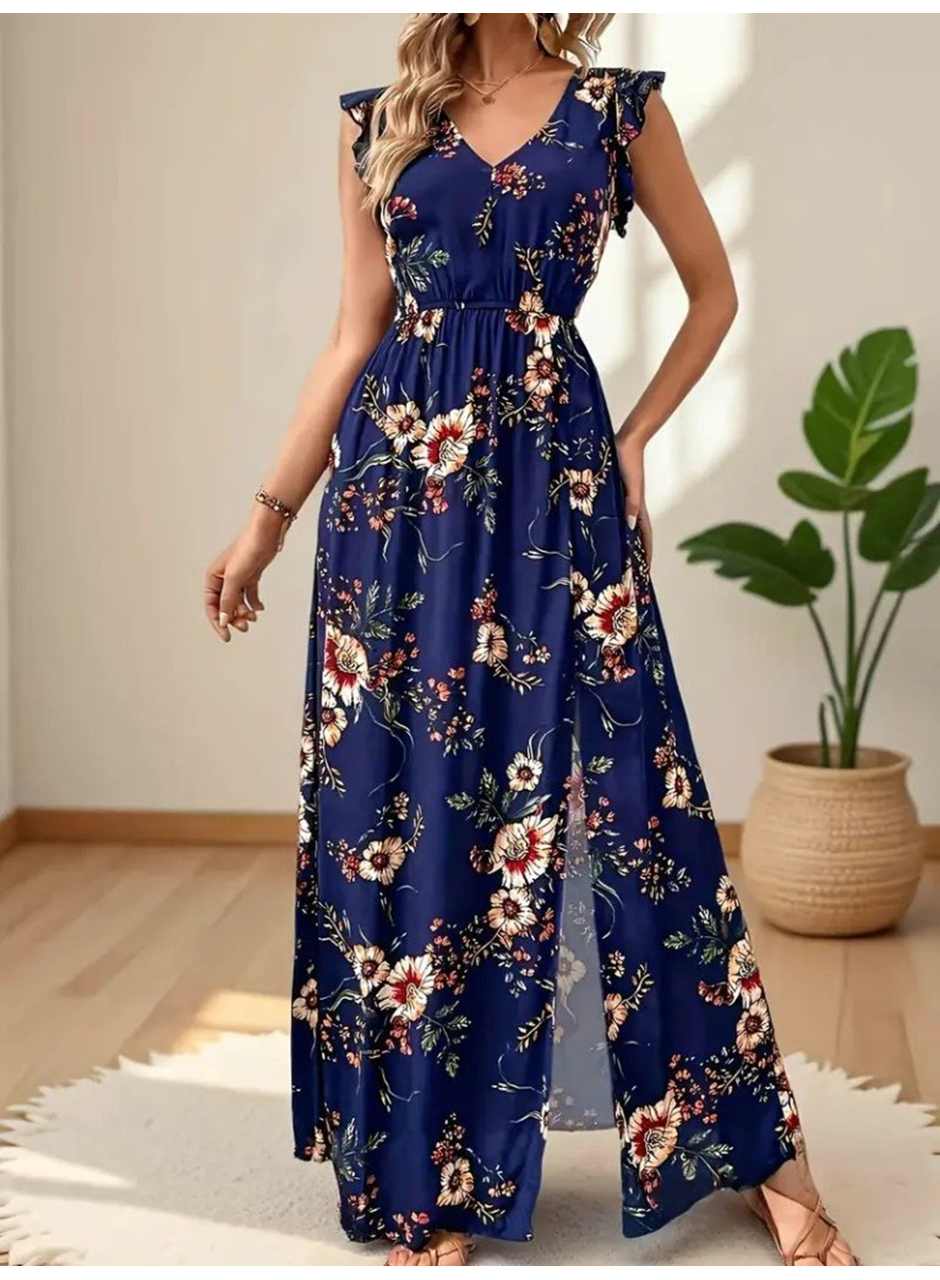 Kadın Kısa Kollu V Yakalı Yırtmaçlı çiçek Desenli Süprem Elbise