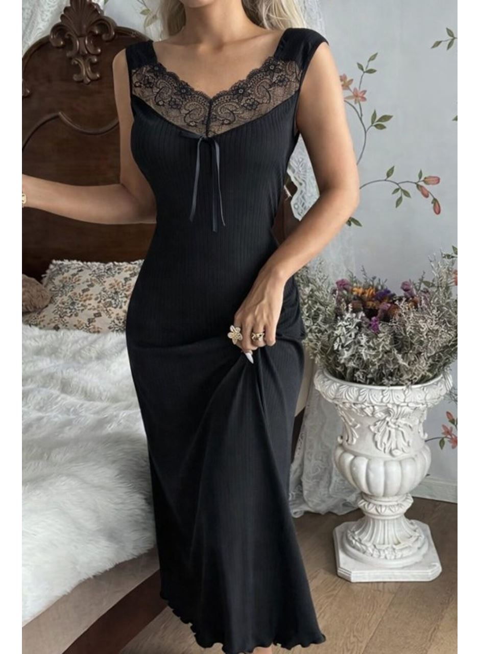 Kadın Askılı Dantel Yakalı Uzun Kalın Fitilli Kaşkorse Gecelik