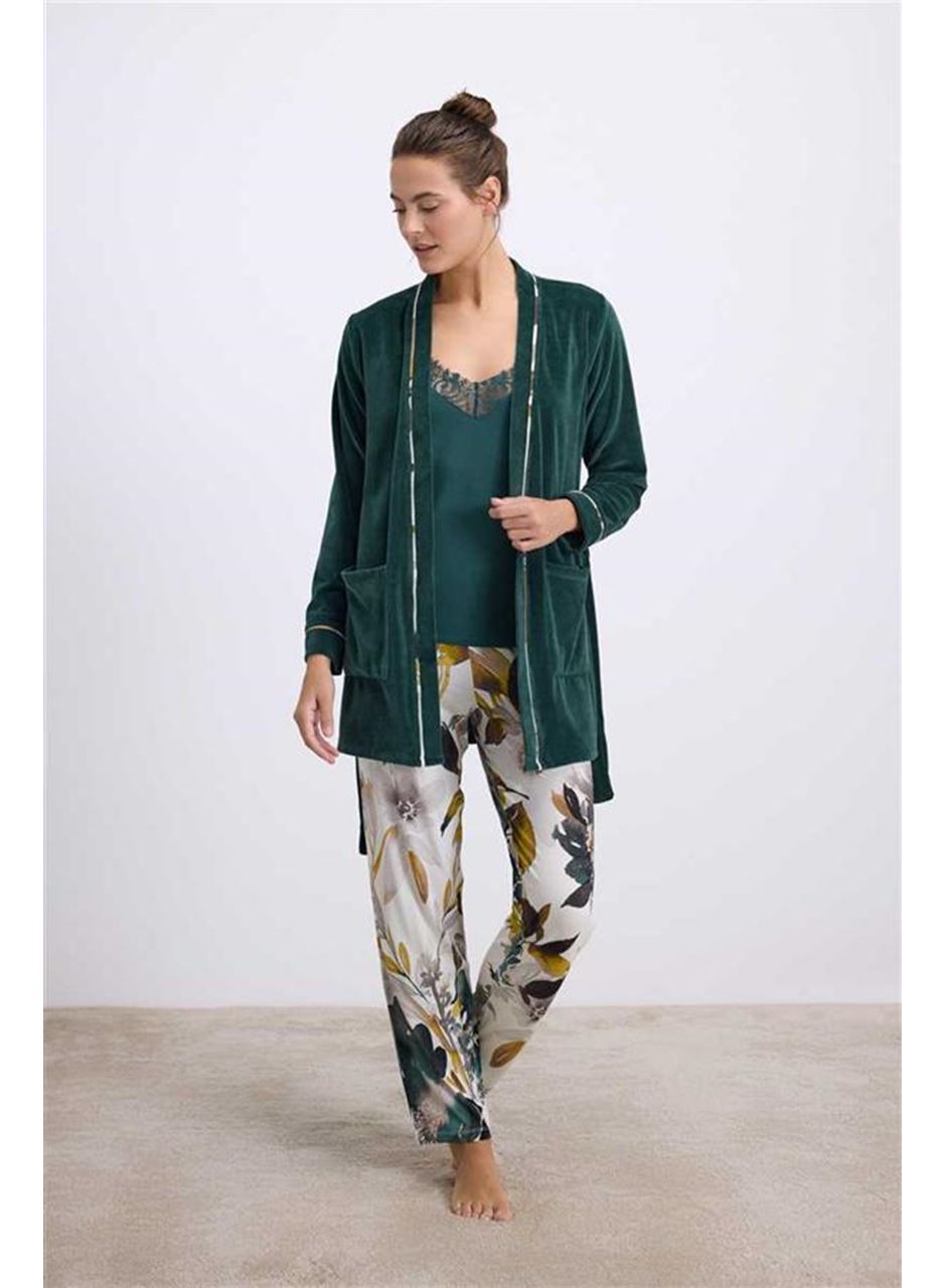 Anıl Kadın Kadife Sabahlık, Dantelli Atlet ve Desenli Pantolon Pijama Takım 11554