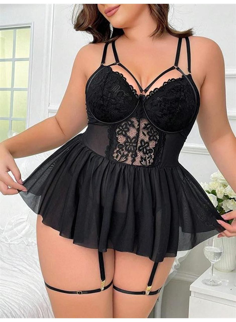 Büyük Beden Siyah Dantel İşlemeli Etek Görünümlü Jartiyer Takımı