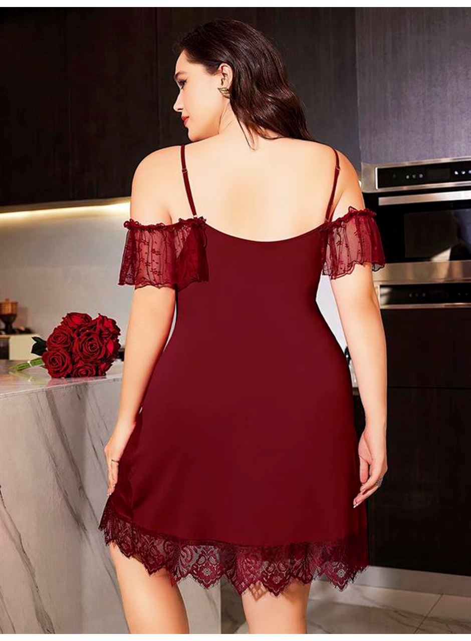 Büyük Beden Bordo Dantel İşlemeli İnce Askılı Gecelik