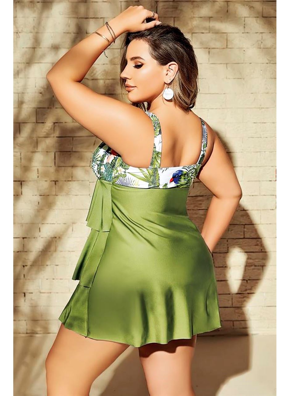 Büyük Beden Yeşil Fırfırlı Yaprak Desenli Kalın Askılı Gecelik