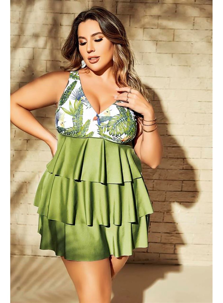 Büyük Beden Yeşil Fırfırlı Yaprak Desenli Kalın Askılı Gecelik