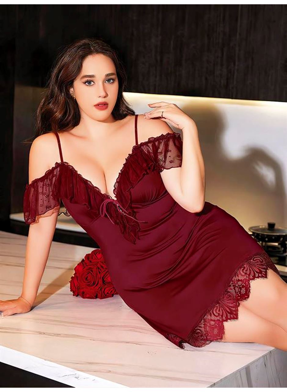 Büyük Beden Bordo Dantel İşlemeli İnce Askılı Gecelik