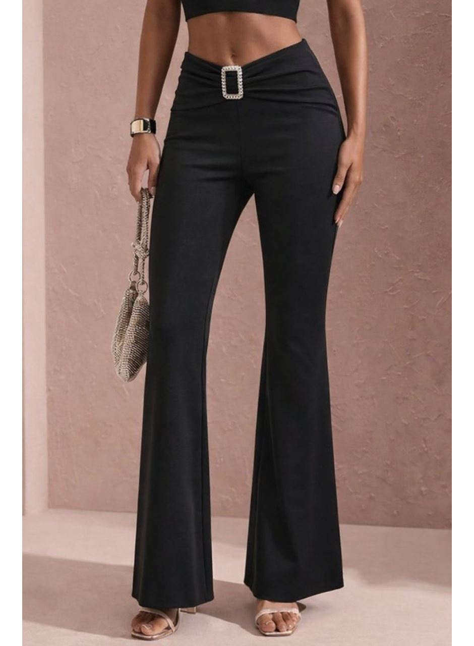 Kadın Yüksek Bel Tokalı Ispanyol Paçalı Dalgıç Pantolon