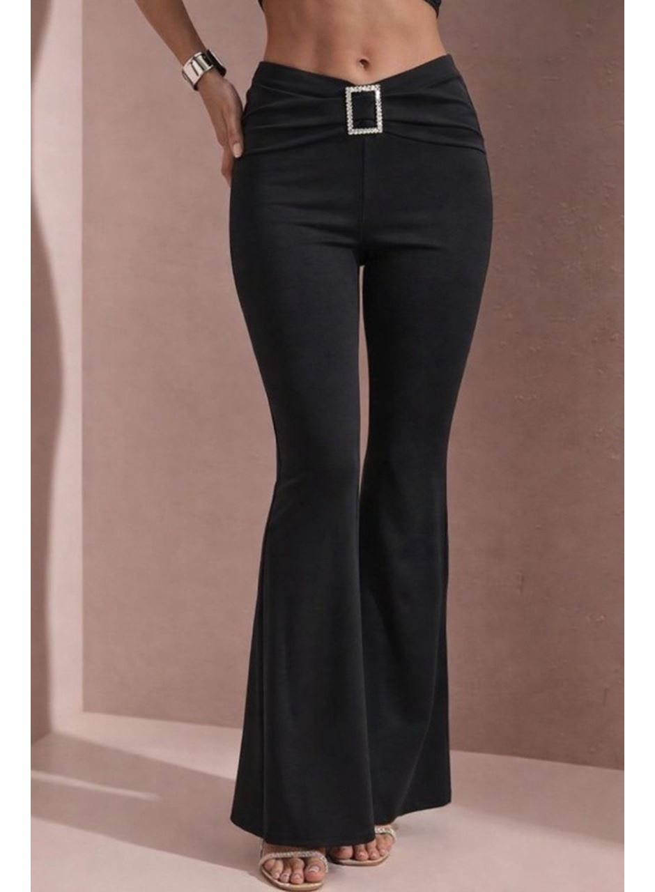 Kadın Yüksek Bel Tokalı Ispanyol Paçalı Dalgıç Pantolon