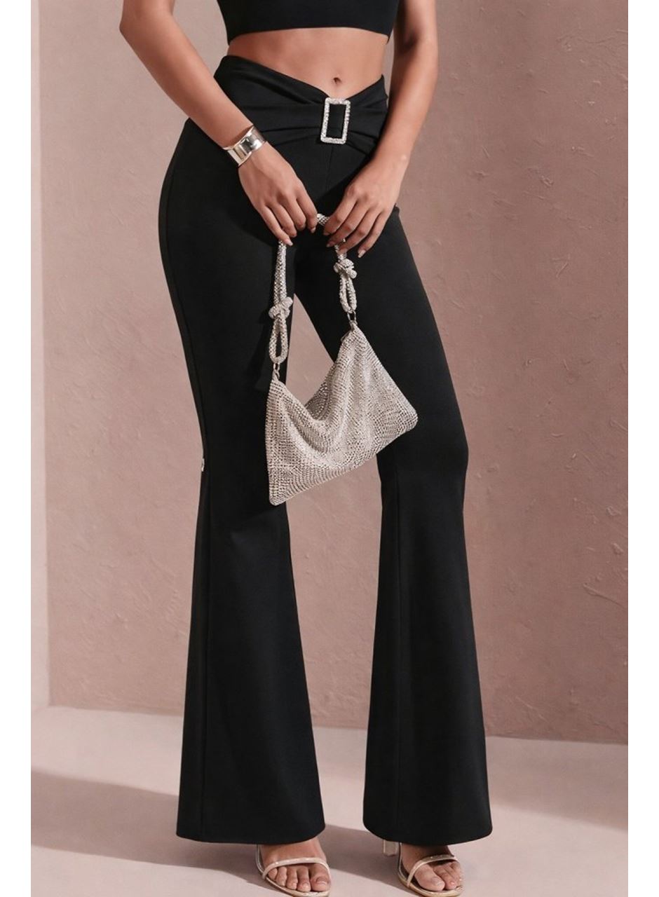 Kadın Yüksek Bel Tokalı Ispanyol Paçalı Dalgıç Pantolon