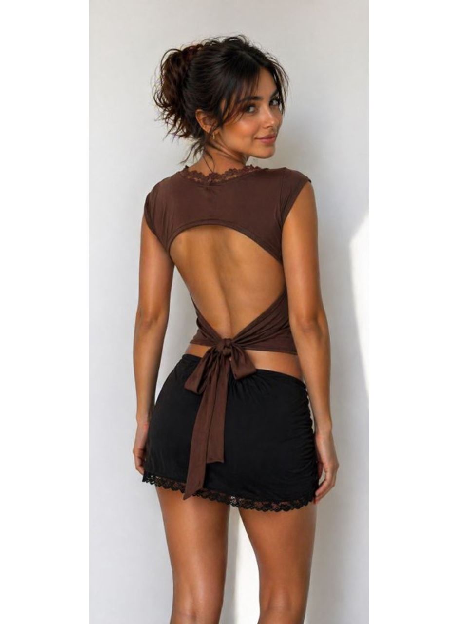 Kadın ön Arka Dantel Detay Kuşaklı Bluz