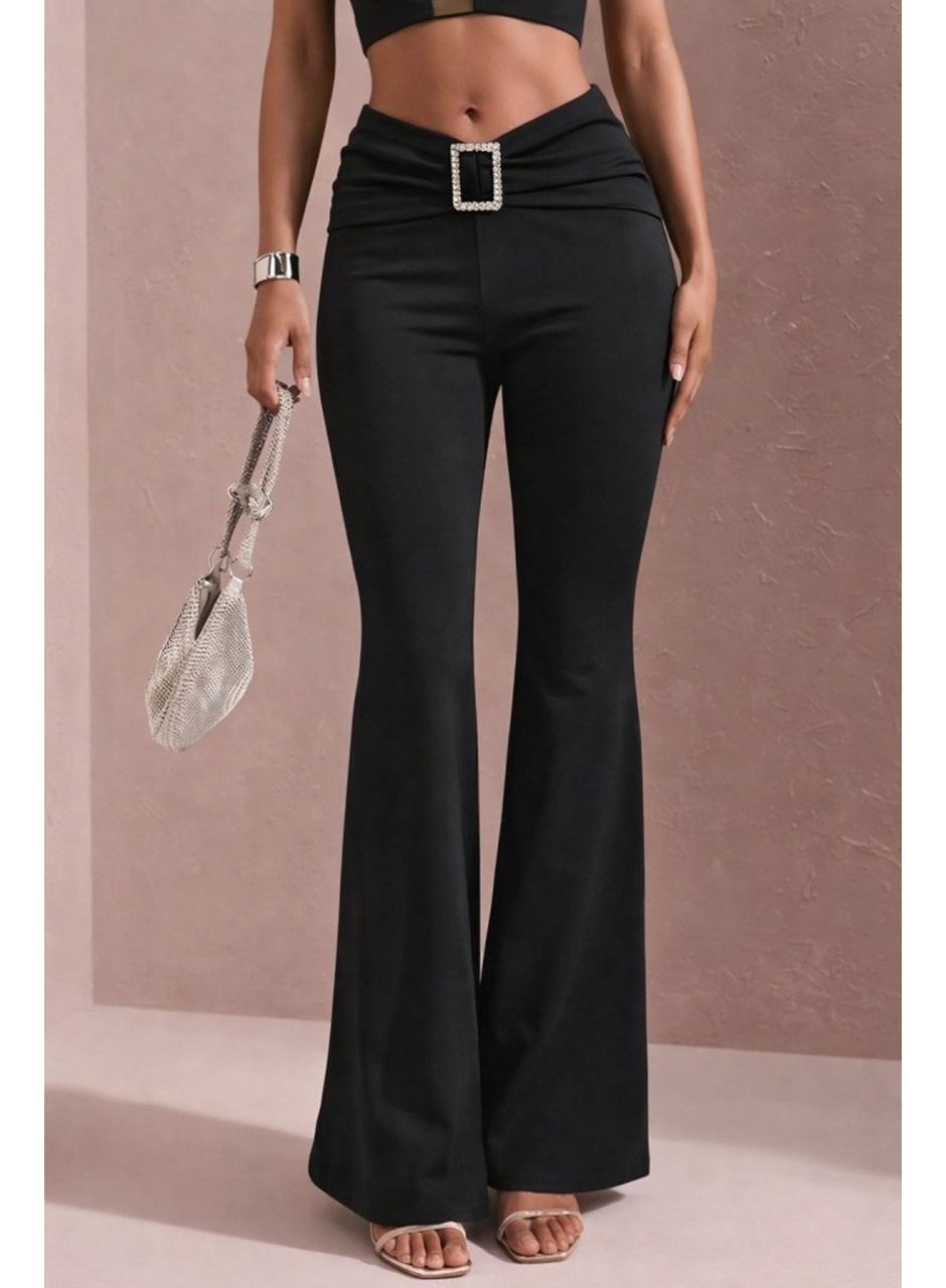 Kadın Yüksek Bel Tokalı Ispanyol Paçalı Dalgıç Pantolon