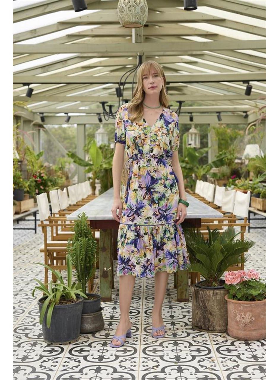 %100 Viskon Çiçek ve Yaprak Desenli Elbise