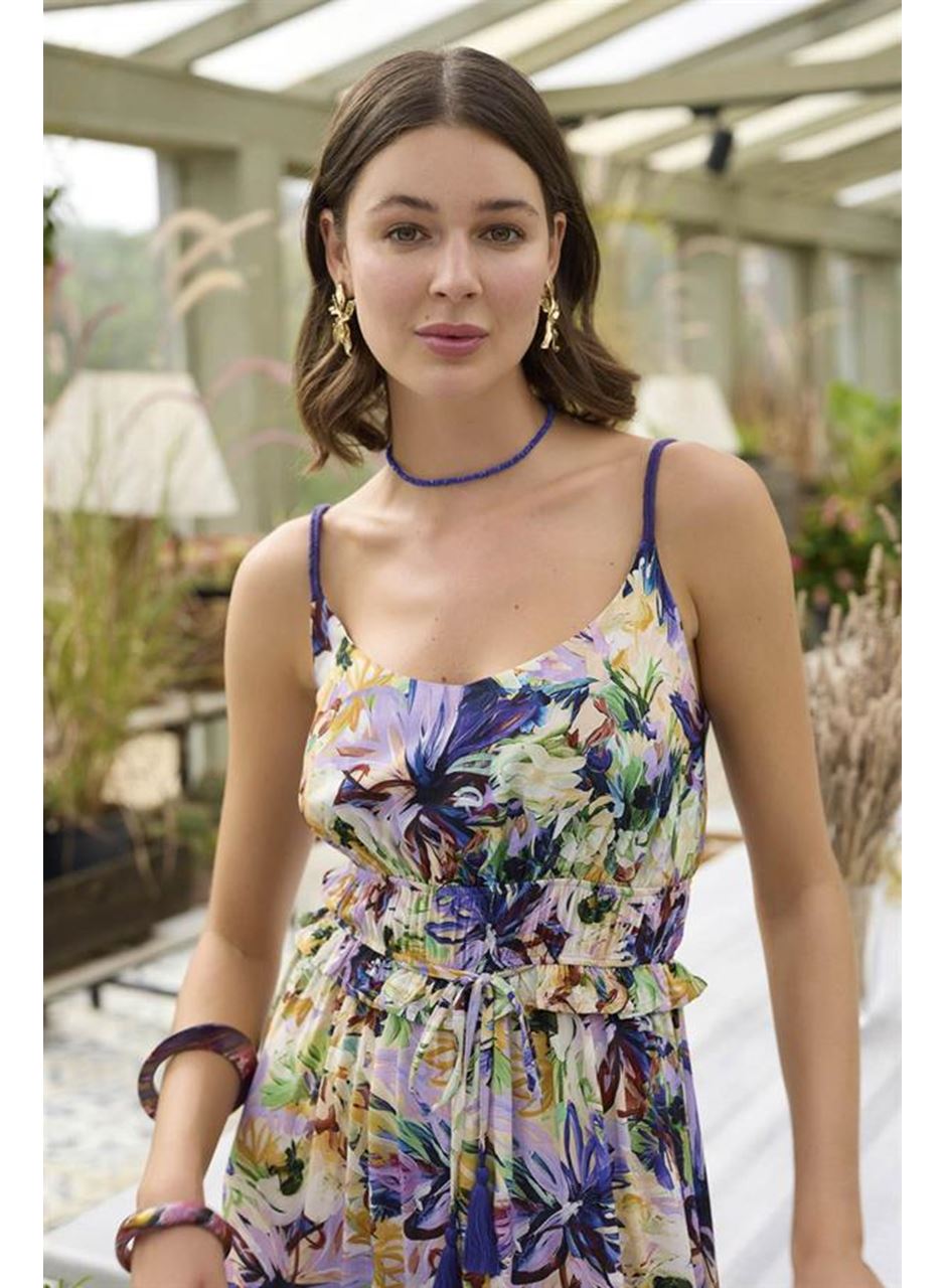 Çiçek ve Yaprak Desenli İp Askılı Tulum