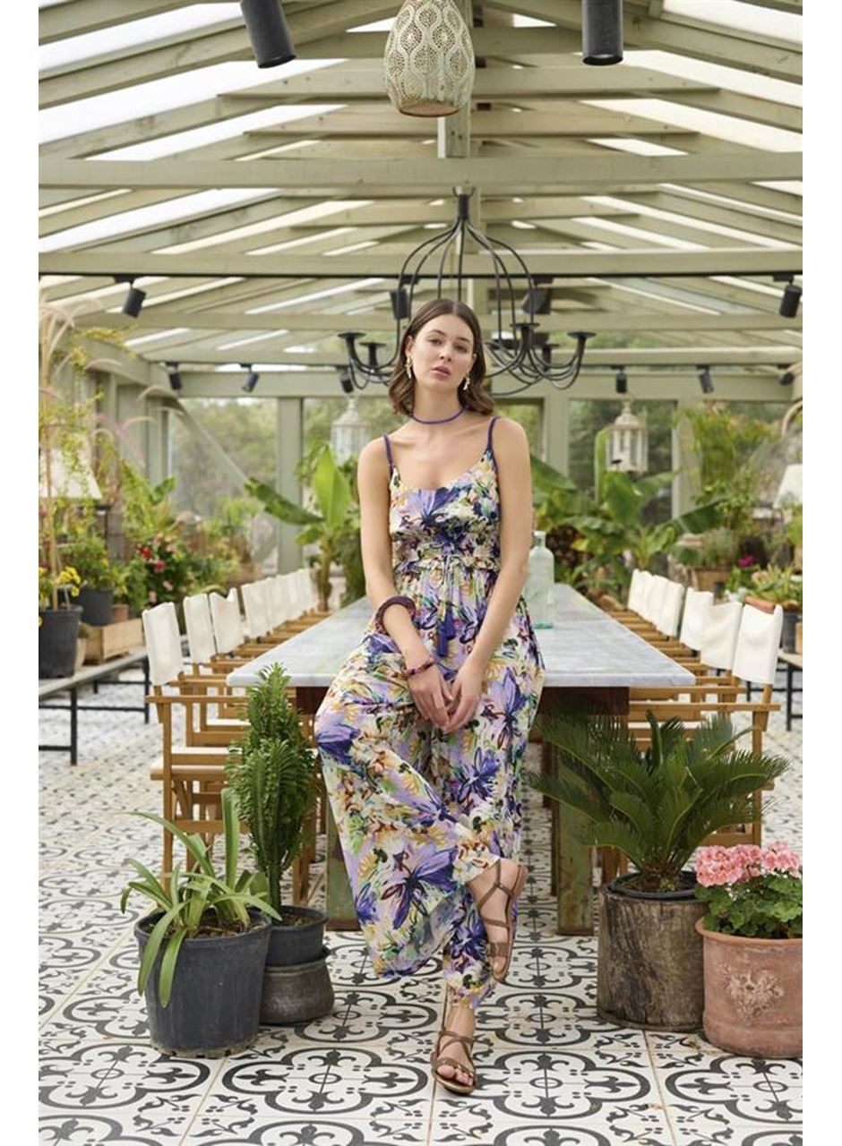 Çiçek ve Yaprak Desenli İp Askılı Tulum