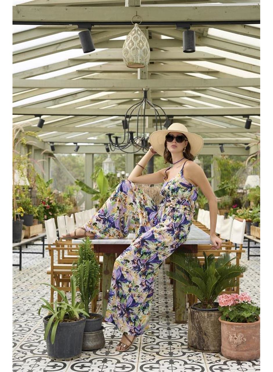 Çiçek ve Yaprak Desenli İp Askılı Tulum