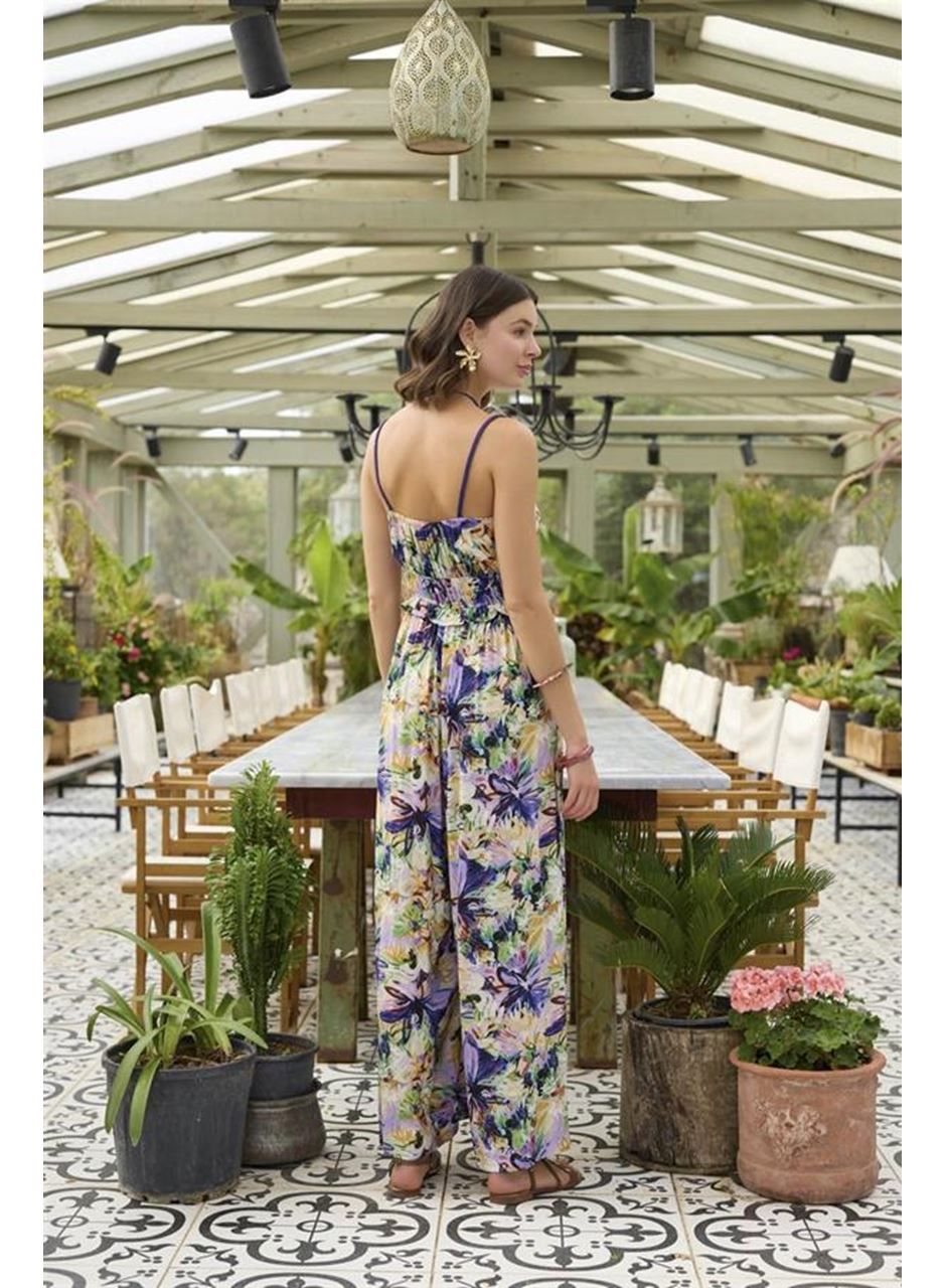 Çiçek ve Yaprak Desenli İp Askılı Tulum