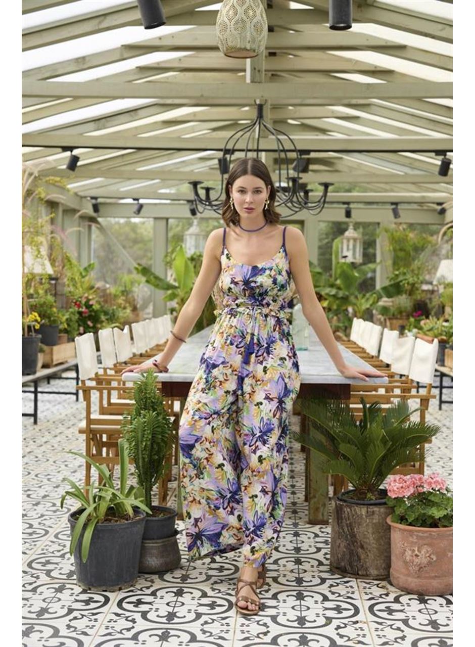 Çiçek ve Yaprak Desenli İp Askılı Tulum