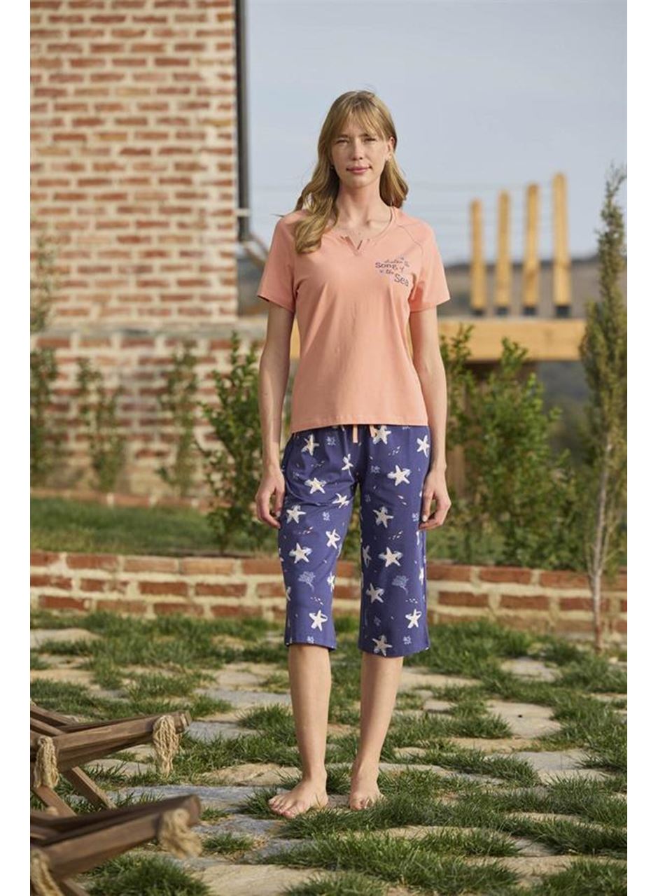 Deniz Yıldızı Desenli ve Baskılı Önü Düğmeli "Listen the Song of the Sea" Kapri Takımı