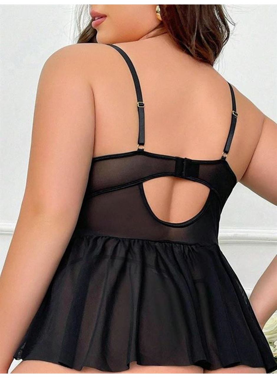 Büyük Beden Siyah Dantel İşlemeli Etek Görünümlü Jartiyer Takımı