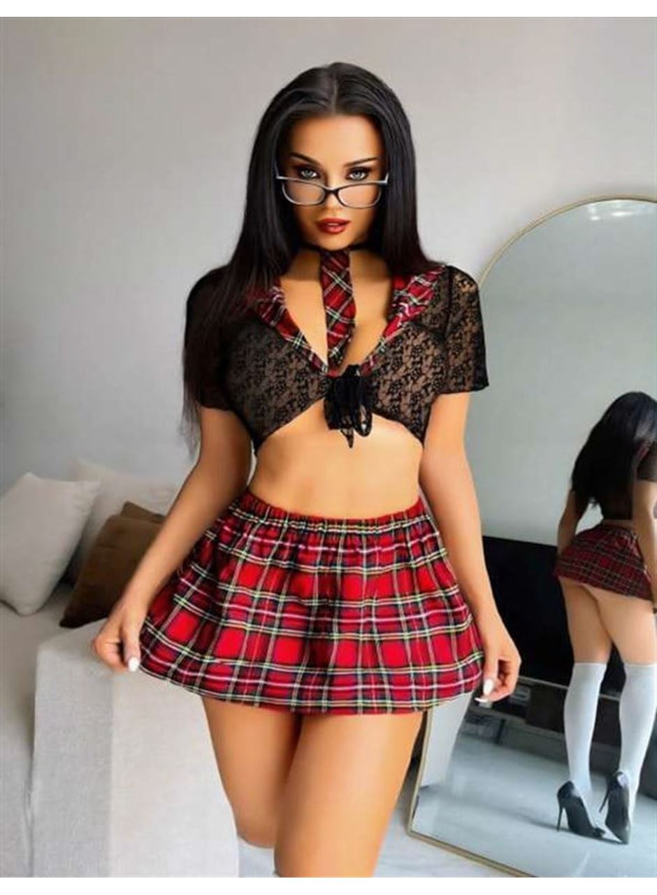 Özel Tasarım Bordo Ekose Desenli Dantel İşlemeli Fantezi Mini Liseli Kostüm