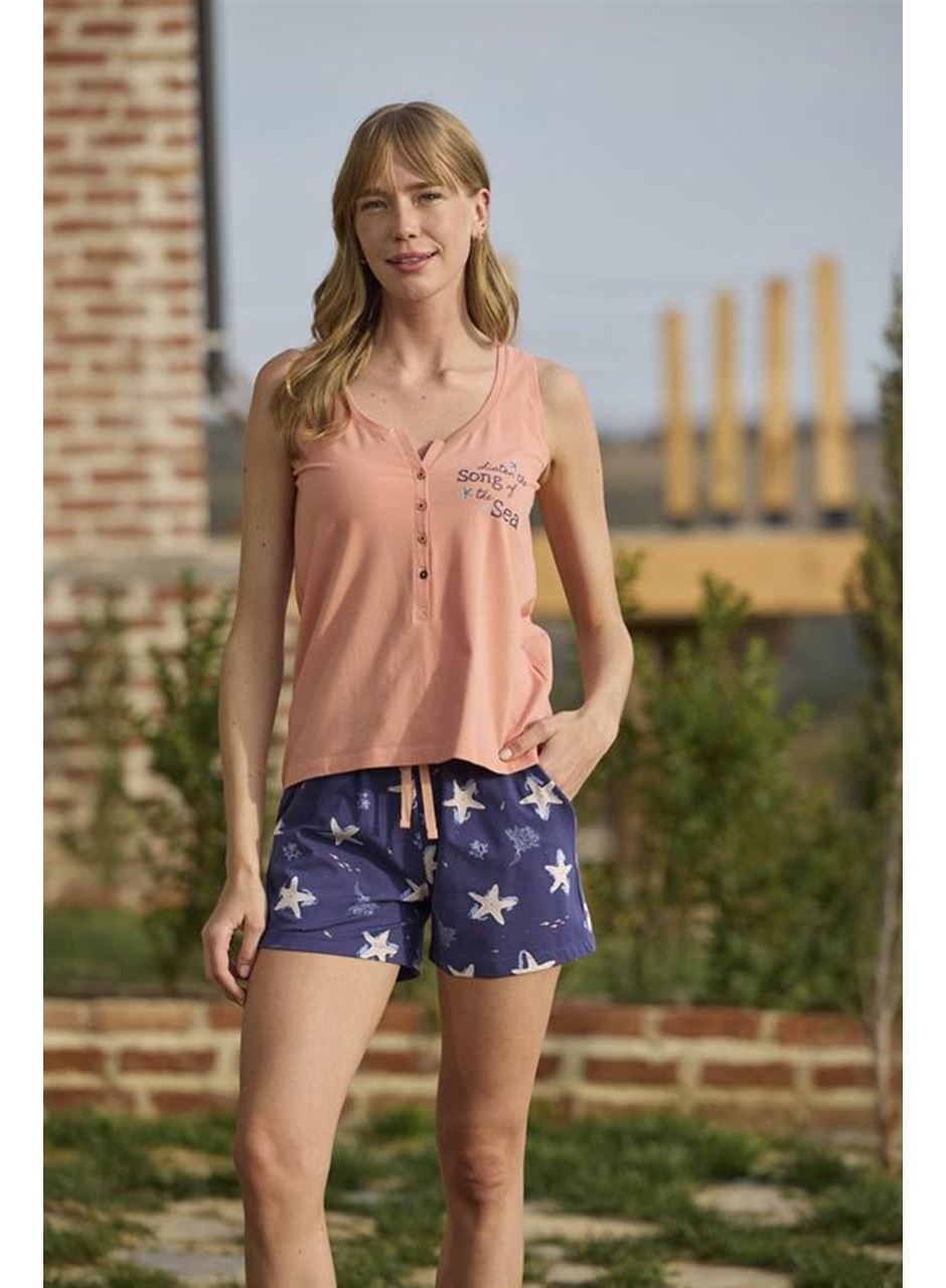 Deniz Yıldızı Desenli ve Baskılı Önü Düğmeli "Listen the Song of the Sea" Şort Takımı