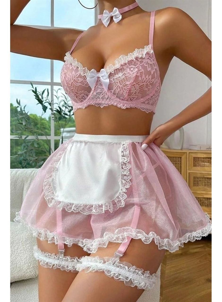 Özel Tasarım Pembe Dantel İşlemeli Boyun Aksesuarlı Fantezi Hizmetçi Kostümü