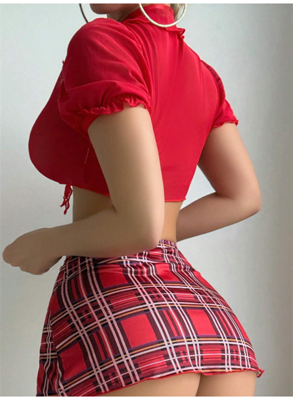 Özel Tasarım Kravatlı Kırmızı Ekose Desen Etekli Fantezi Liseli Kostüm