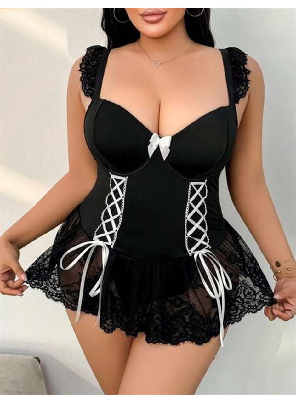 Özel Tasarım Büyük Beden Siyah Dantel İşlemeli Fantezi Hizmetçi Kostümü