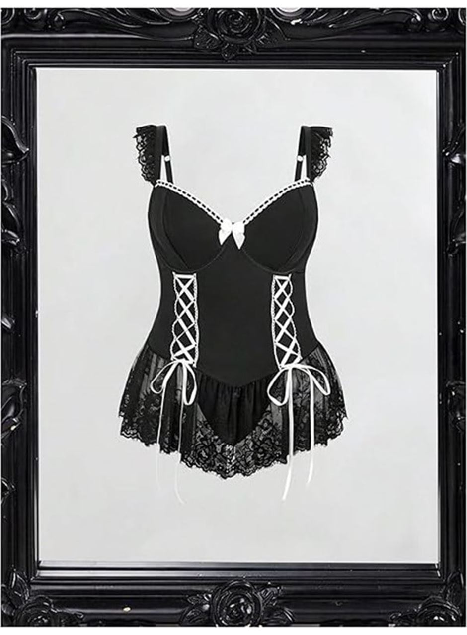 Özel Tasarım Büyük Beden Siyah Dantel İşlemeli Fantezi Hizmetçi Kostümü