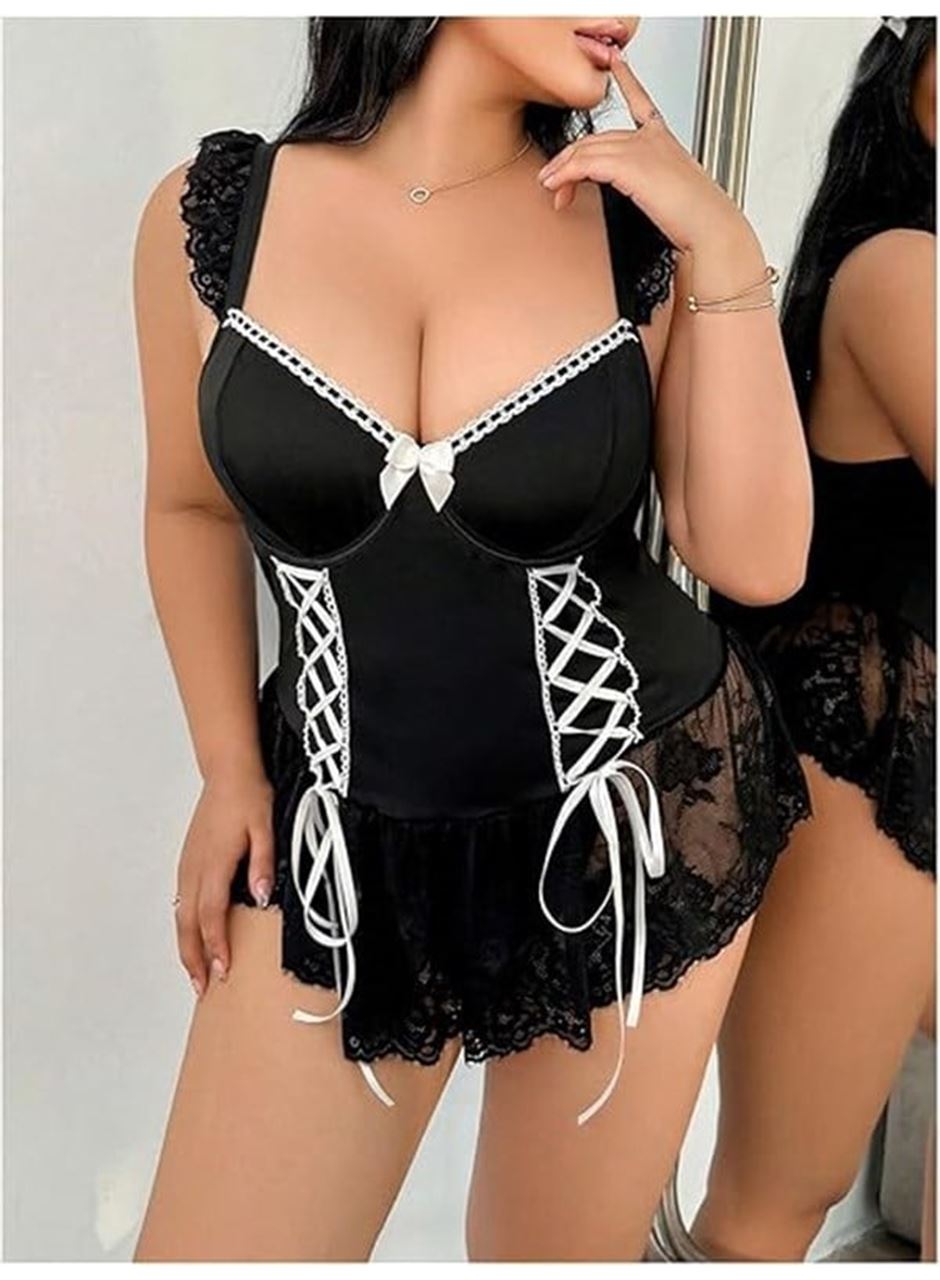 Özel Tasarım Büyük Beden Siyah Dantel İşlemeli Fantezi Hizmetçi Kostümü