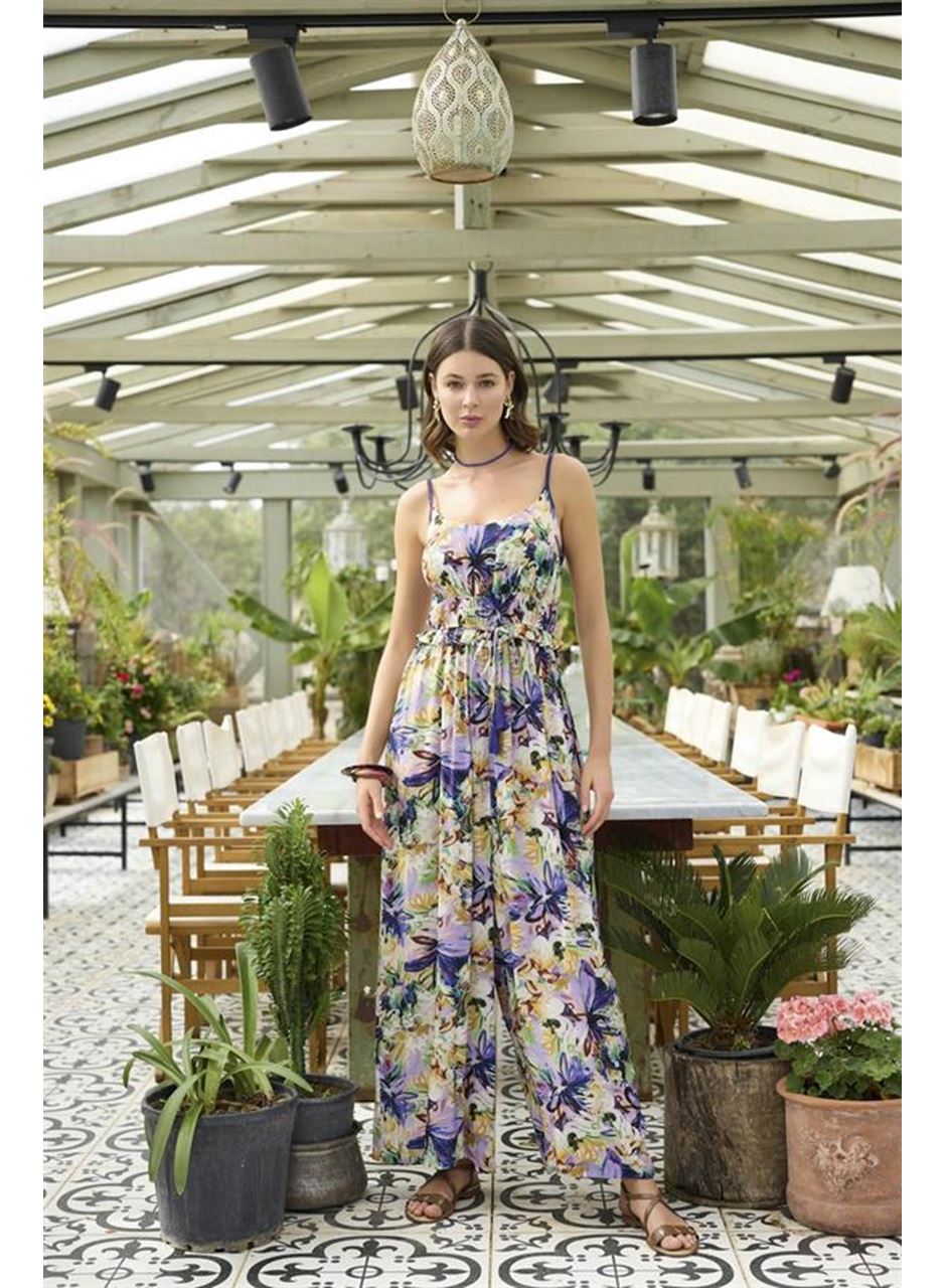 Çiçek ve Yaprak Desenli İp Askılı Tulum