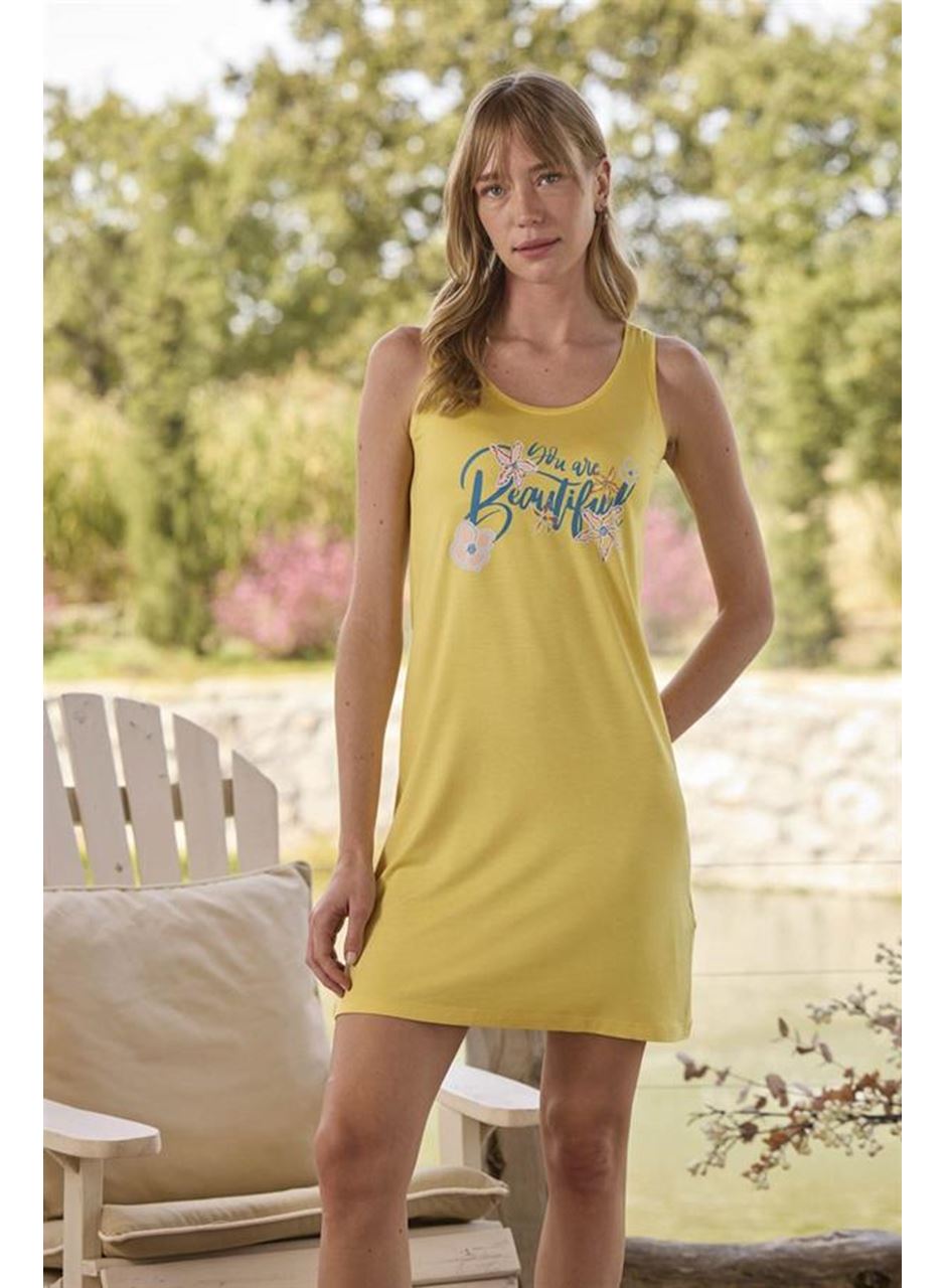 Çiçek ve Yaprak Desenli ve Baskılı "You Are Beautiful" Sabahlık Takımı