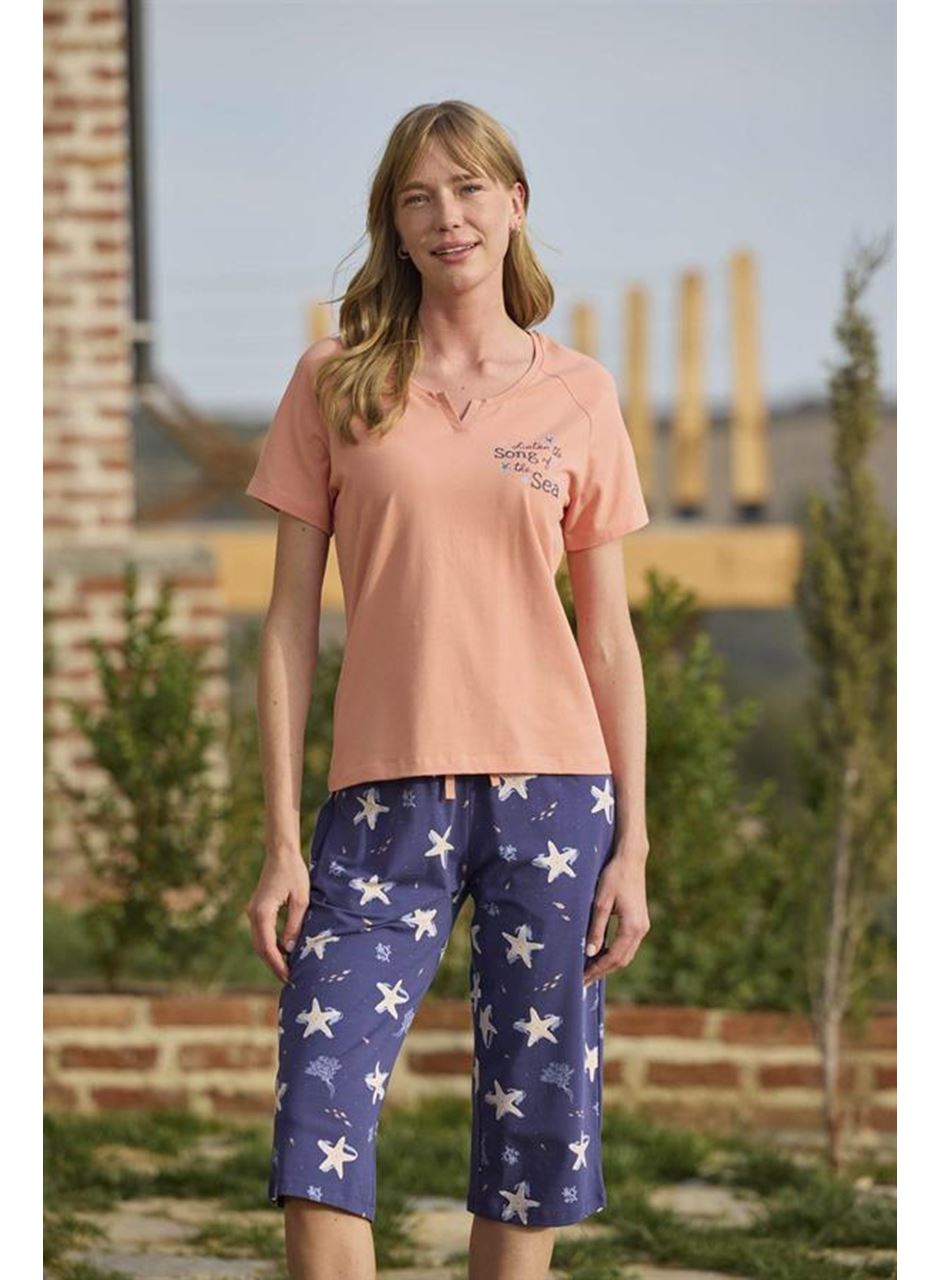 Deniz Yıldızı Desenli ve Baskılı Önü Düğmeli "Listen the Song of the Sea" Kapri Takımı