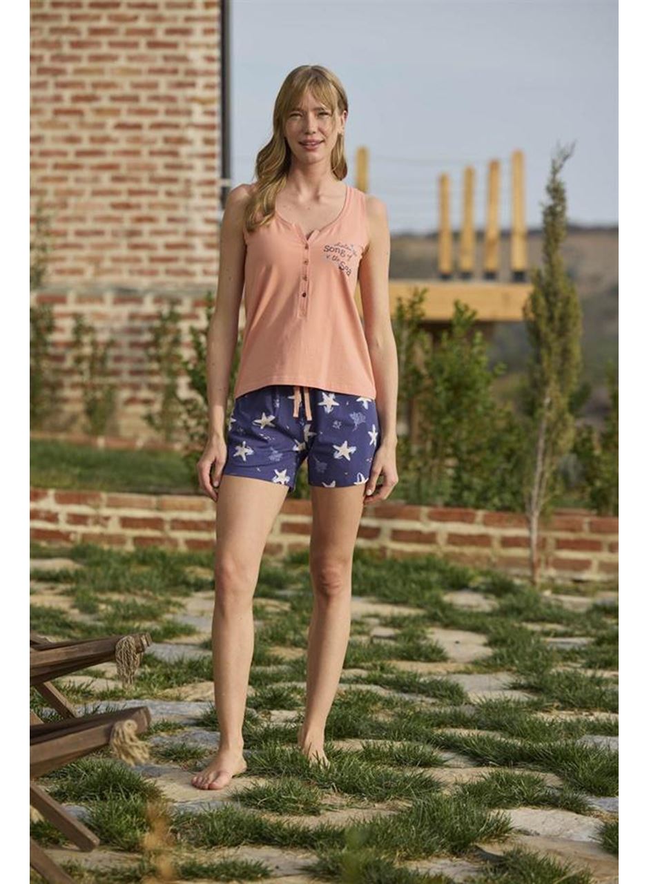 Deniz Yıldızı Desenli ve Baskılı Önü Düğmeli "Listen the Song of the Sea" Şort Takımı