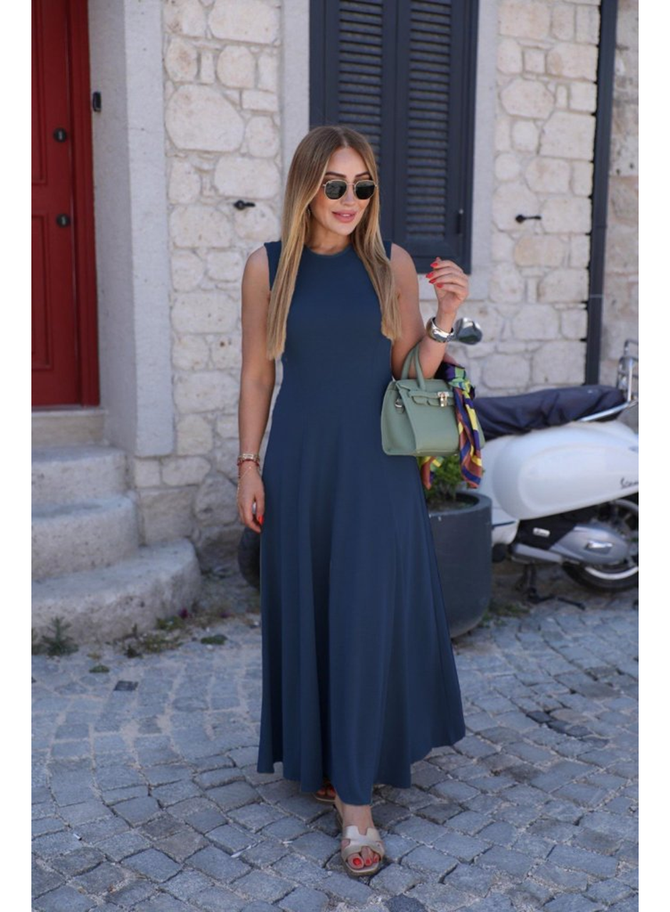 Kadın Sıfır Kollu Bisiklet Yaka Viskon Elbise