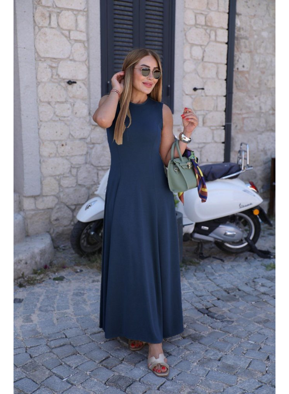 Kadın Sıfır Kollu Bisiklet Yaka Viskon Elbise