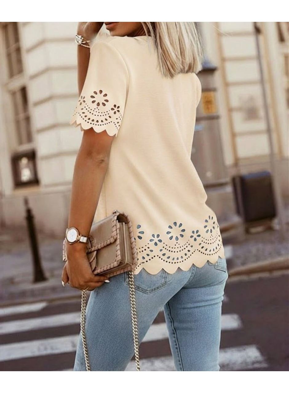 Kadın Kısa Kollu Bisiklet Yakalı Kolları Lazer Cicek Baskılı Ithal Krep Bluz