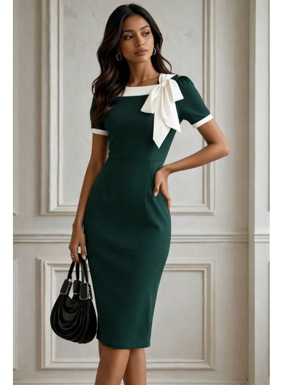 Kadın Kısa Kollu Yakadan Süs Bağcıklı Kısa Ithal Krep Elbise