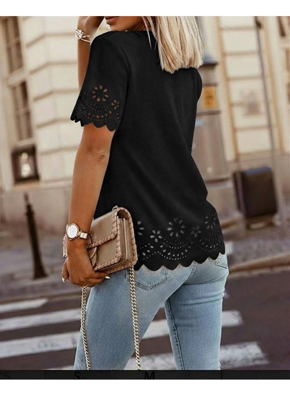 Kadın Kısa Kollu Bisiklet Yakalı Kolları Lazer Cicek Baskılı Ithal Krep Bluz