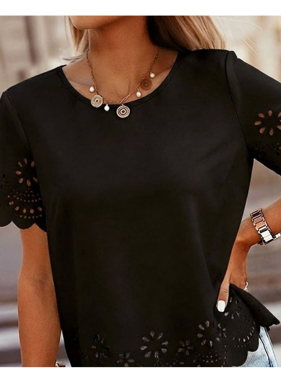 Kadın Kısa Kollu Bisiklet Yakalı Kolları Lazer Cicek Baskılı Ithal Krep Bluz